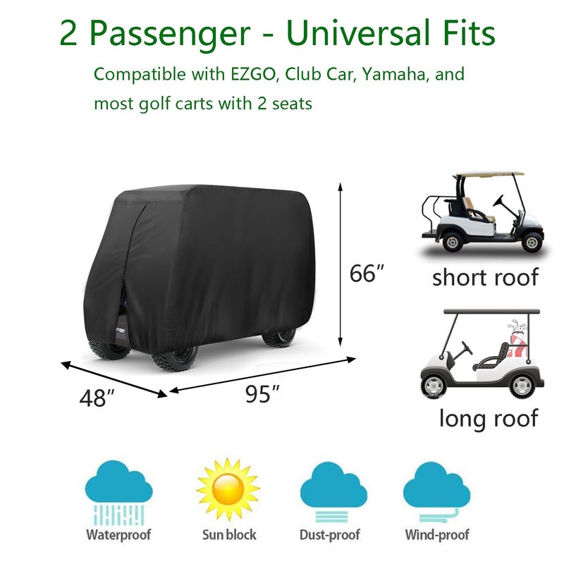 FLYMEI 2 Passenger Golf Cart Covers, Waterproof Outdoor Golf Cart Cover for EZ GO Club Car Yamaha Golf Carts, Dustproof 2 Seat Club Car Cover Golf Cart Seat Covers, 95"L x 48"W x 66"H, Black - Image 2